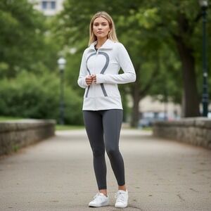 Lululemon Full Zip Jacket Women Size 6 White Charcoal‎ Gray Logo Thumbholes